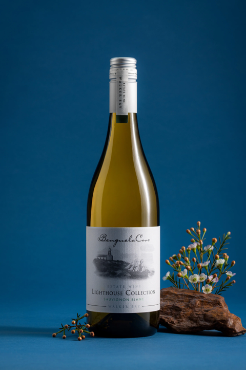 Wine bottle with a label on a blue background
