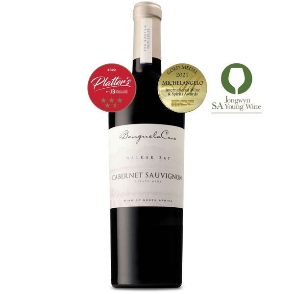 Bottle of Cabernet Sauvignon wine with decorative elements on a blue background