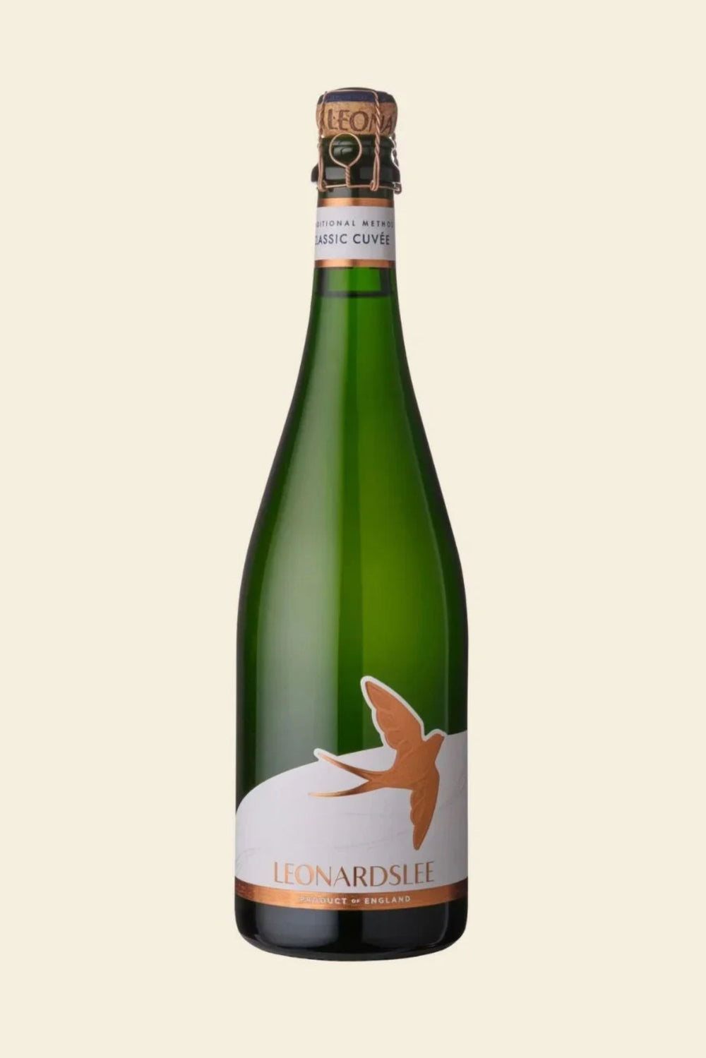 A bottle of Leonard's Lee sparkling wine with a dark green glass body, a white and orange label featuring a swallow design, and a gold foil seal, set against a solid light beige background.